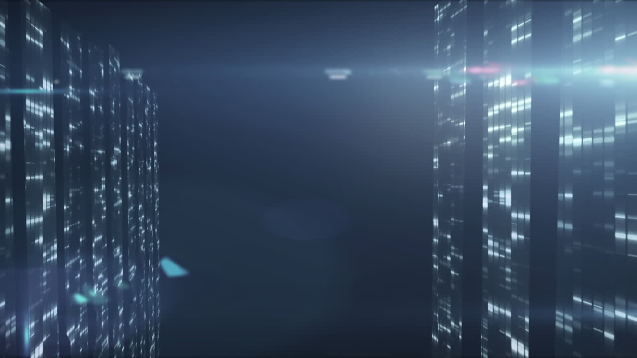 Animation of data processing and digital information flowing through network of computer servers
