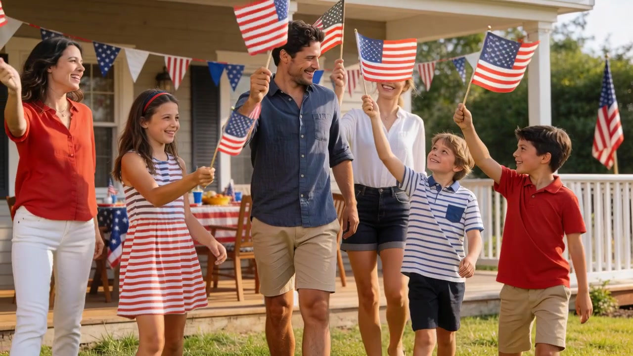 Leaving porch, family walking across lawn waving American flags, celebrating in patriotic wear