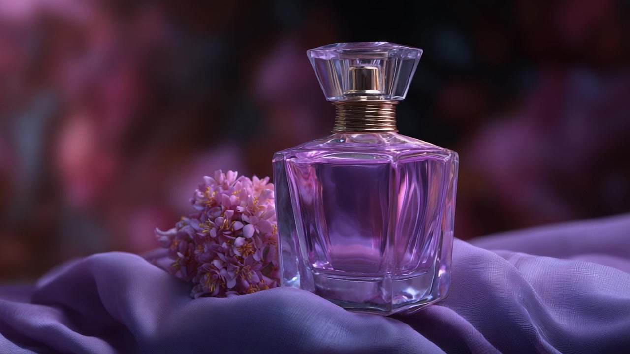 Elegante flacone di profumo in vetro con liquido viola e accenti floreali su uno sfondo di raso morbido, evocando un senso di lusso ed eleganza nella presentazione della fragranza