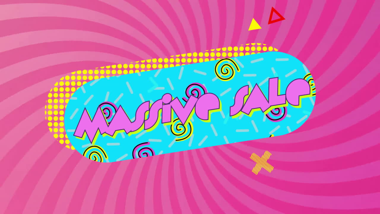 animación de texto de venta masivo con formas en espiral, triángulo y cruz sobre fondo a rayas rosas