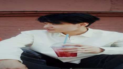 man sitting on street drinking smoothie