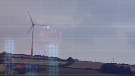 Animation-of-multiple-graphs-with-changing-numbers-over-windmill-on-green-field-against-sky