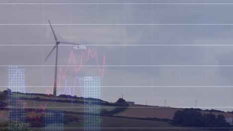 Animation-Mehrerer-Diagramme-Mit-Wechselnden-Zahlen-über-Einer-Windmühle-Auf-Der-Grünen-Wiese-Vor-Dem-Himmel