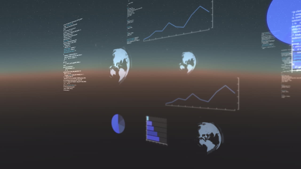 Animation of data processing, globes spinning and statistics recording on gradient background