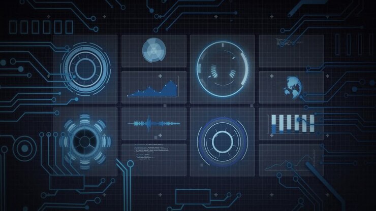 Animation of scope scanning, processor elements and data processing on screens over grid