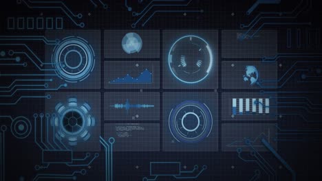 animation of scope scanning, processor elements and data processing on screens over grid