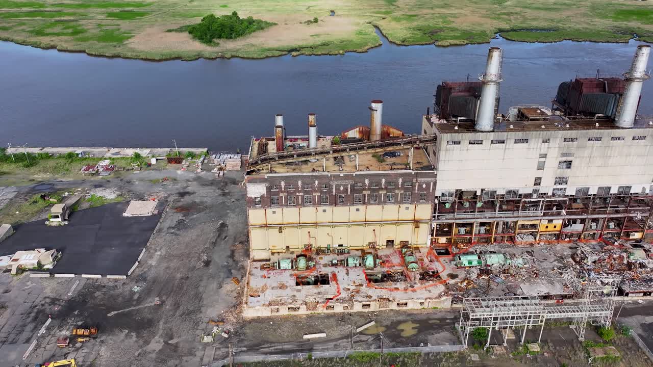 Aerial view of old Coal Burning Power plant being dismantled in Sayreville, NJ