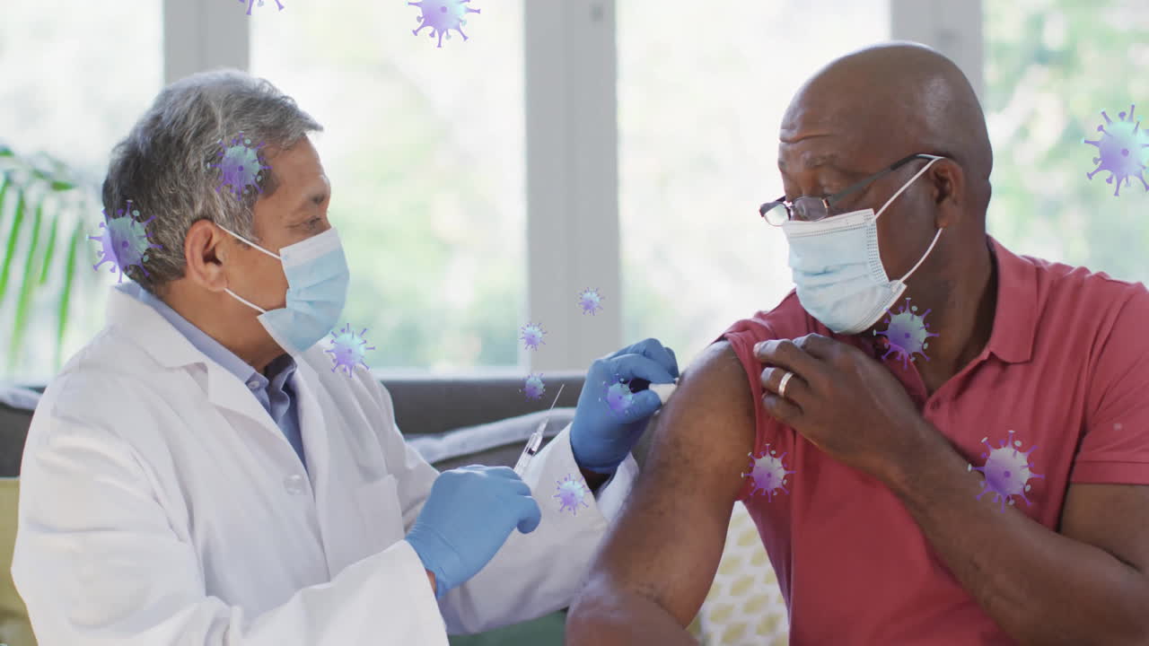 Animation of virus cells over biracial male doctor with patient taking vaccine