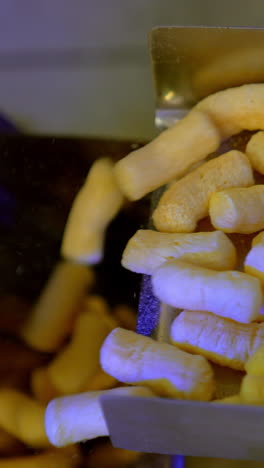 sweet crispy puffcorn making. factory production of corn sticks. vertical video