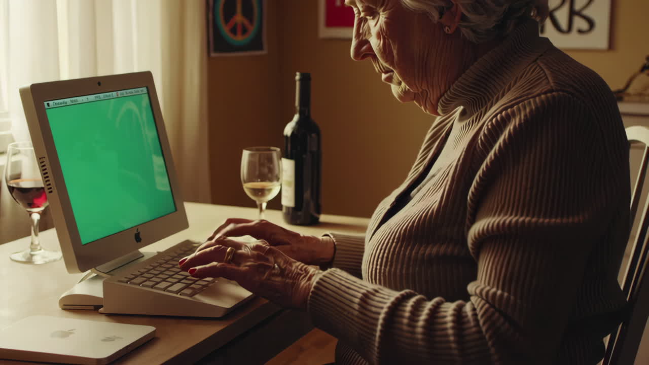 Elderly Woman Using a Vintage Computer