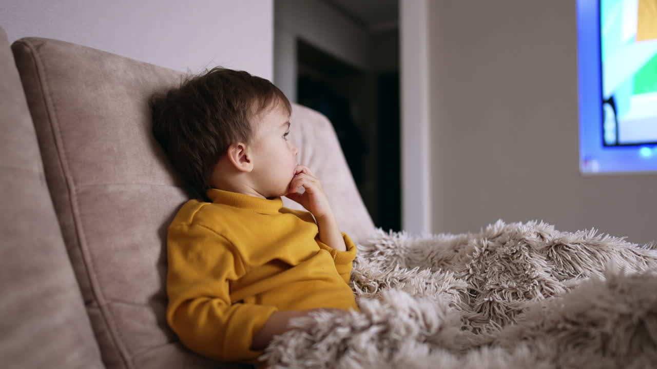 Little Caucasian boy sits on sofa comfortably covered with plaid. Kid licks his finger and watches cartoons.