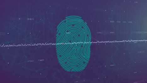 animación del escáner biométrico de huellas dactilares y los íconos del candado de seguridad contra un fondo púrpura