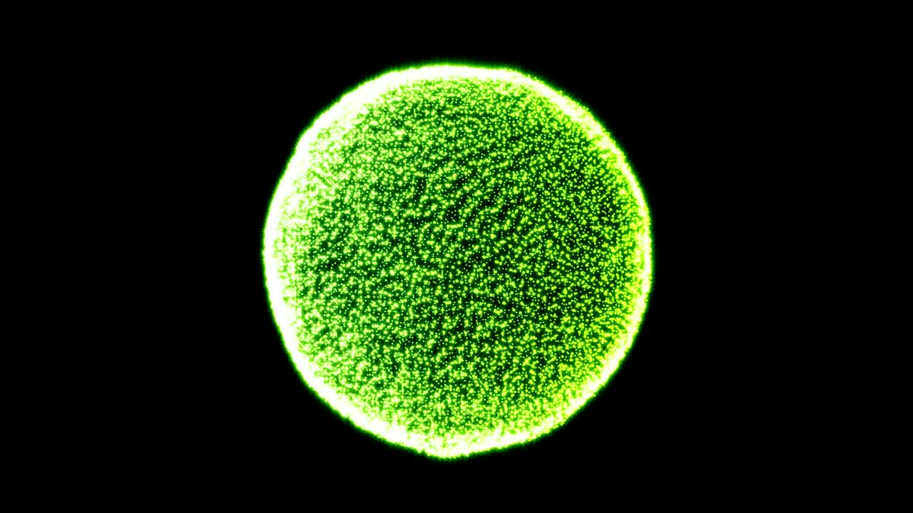 Abstract motion colorful sphere of glowing particles on black background.