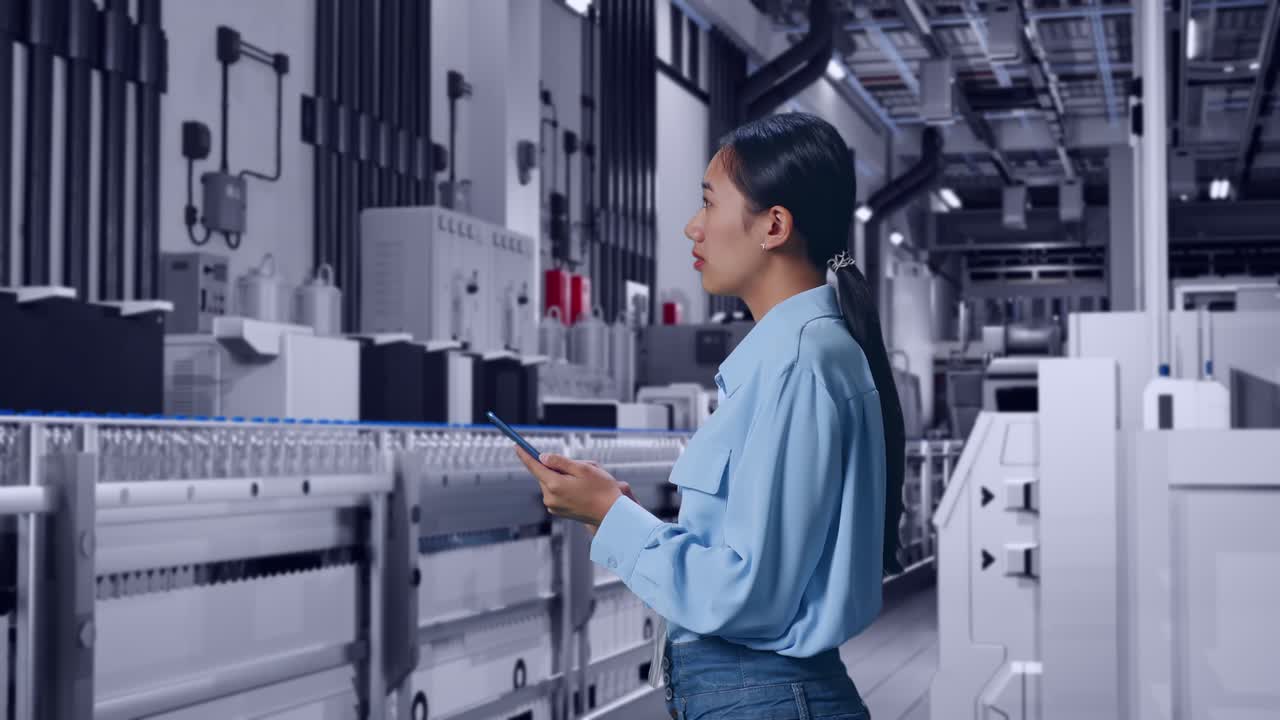 Side View Of Asian Female With Water Production in Bottling Factory, Observes By Looking Up Then She Come To Concentrating On The Phone And Keep On Checking