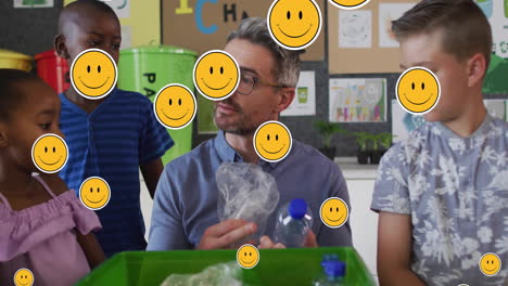 discussing recycling in classroom, teacher and diverse children with smiley face animation