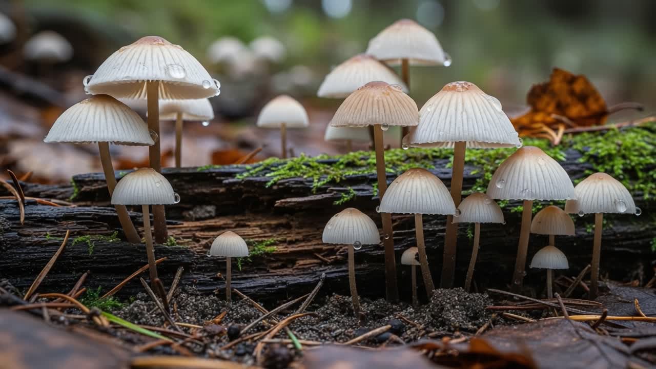 A Stunning Close-Up of Delicate Mushrooms Emerging from the Forest Floor, Showcasing Their Unique Shapes, Texture, and the Enchanting Natural Environment Around Them