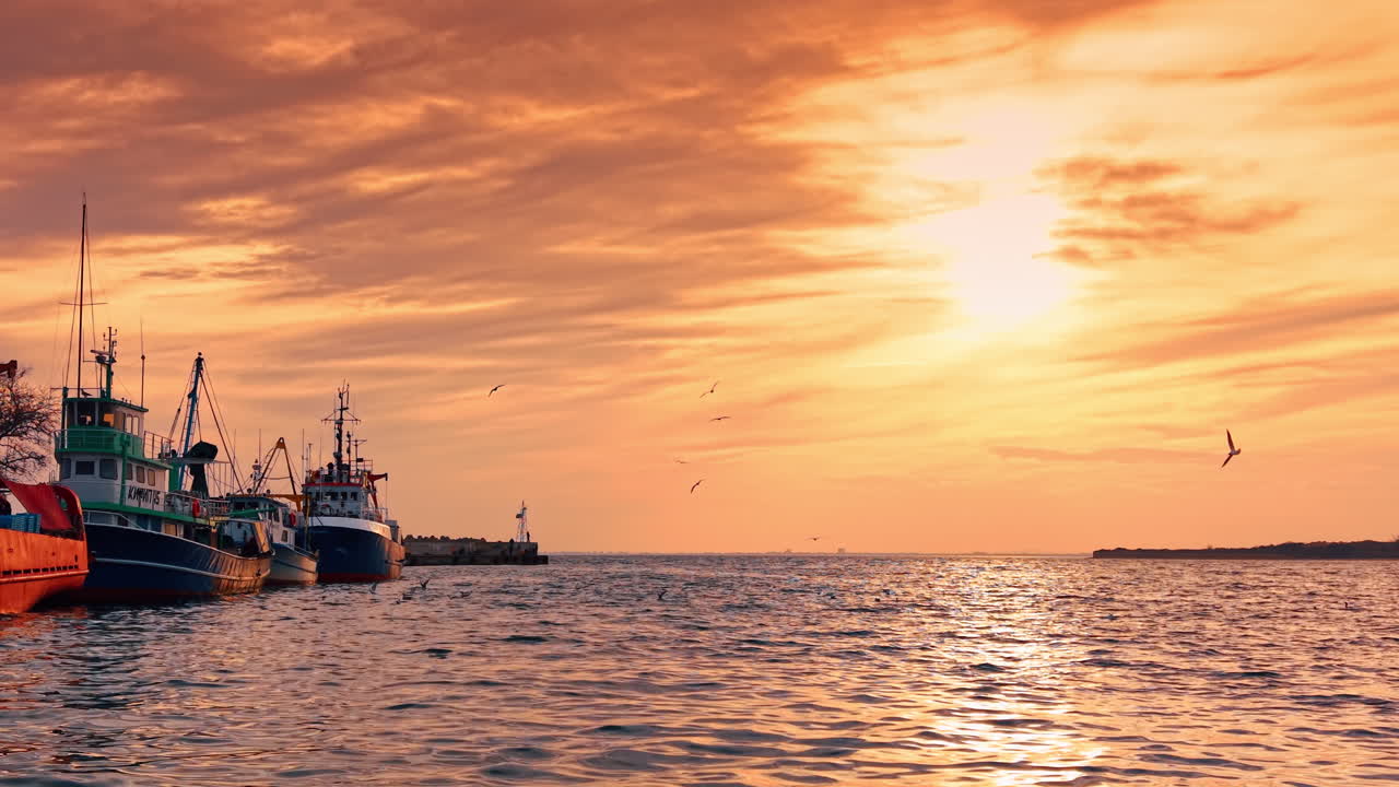 Pescherecci in porto durante un tramonto vibrante. Veduta a livello del suolo di imbarcazioni ormeggiate a un molo contro un cielo arancione brillante con uccelli in volo.