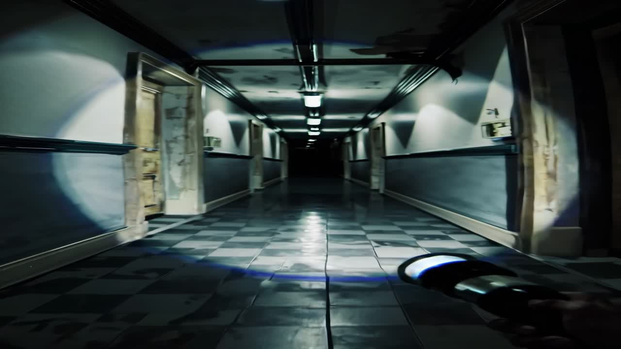 Flashlight illuminating eerie checkered floor in a dark hospital corridor with damaged doors and flickering lights, creating a suspenseful and mysterious atmosphere