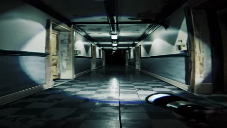 flashlight illuminating eerie checkered floor in a dark hospital corridor with damaged doors and flickering lights, creating a suspenseful and mysterious atmosphere