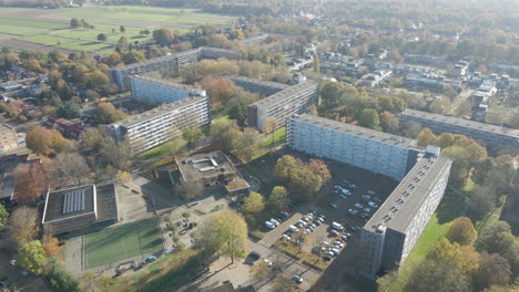 aerial of large social housing flats in rural town