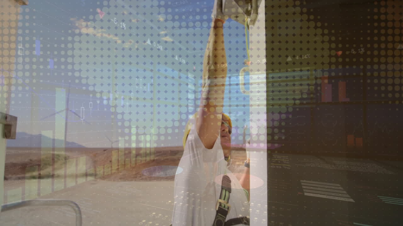 female worker handling open electrical cabinet at wind farm, showing animated finance graphs