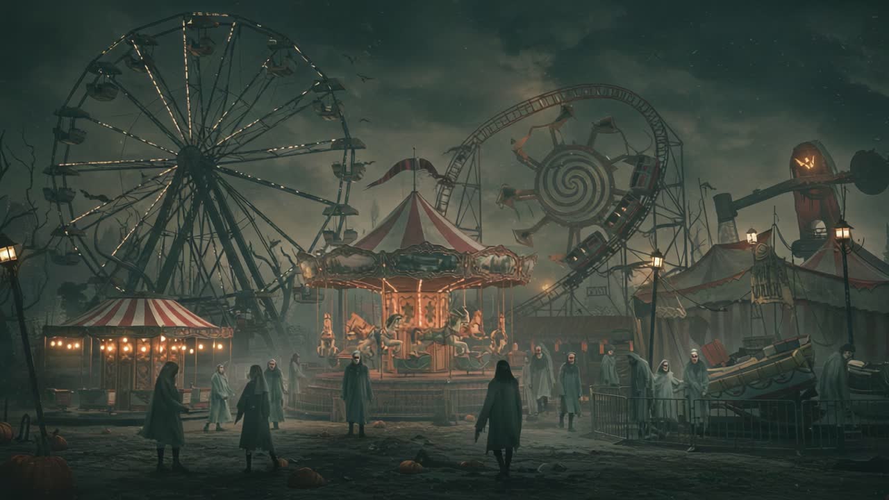 A Hauntingly Enchanting Carnival Scene at Dusk: Eerie Attraction with Ghostly Figures and an Abandoned Fairground Featuring a Carousel and Ferris Wheel