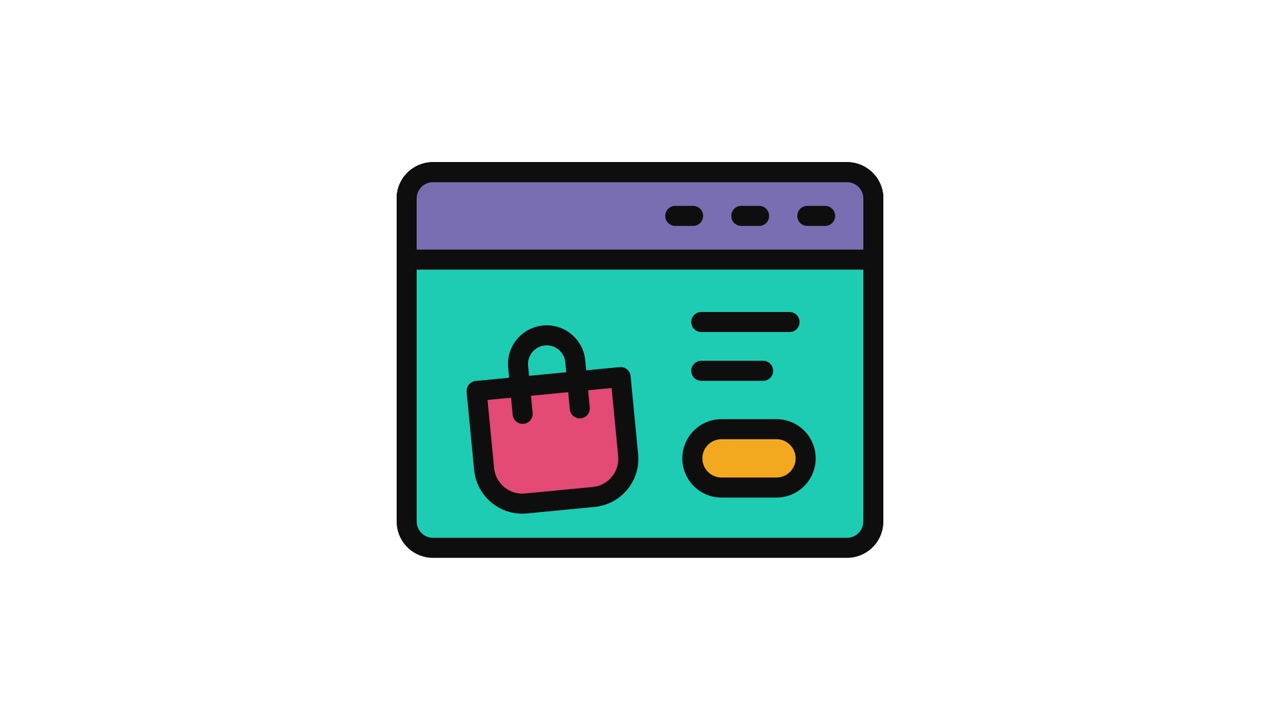 Icono animado de navegador web de comercio electrónico con bolsa de compras
