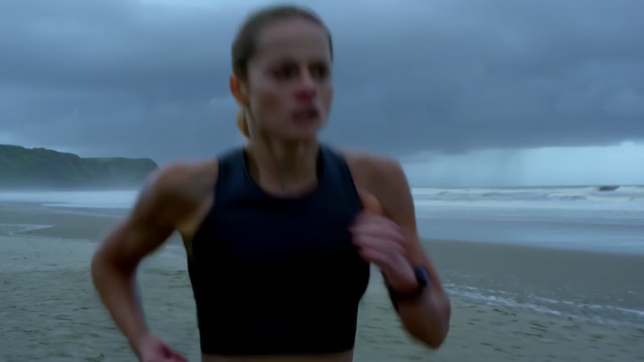 Woman Running on a Stormy Beach