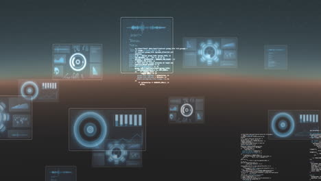 animation of round scanners and data processing against grey gradient background