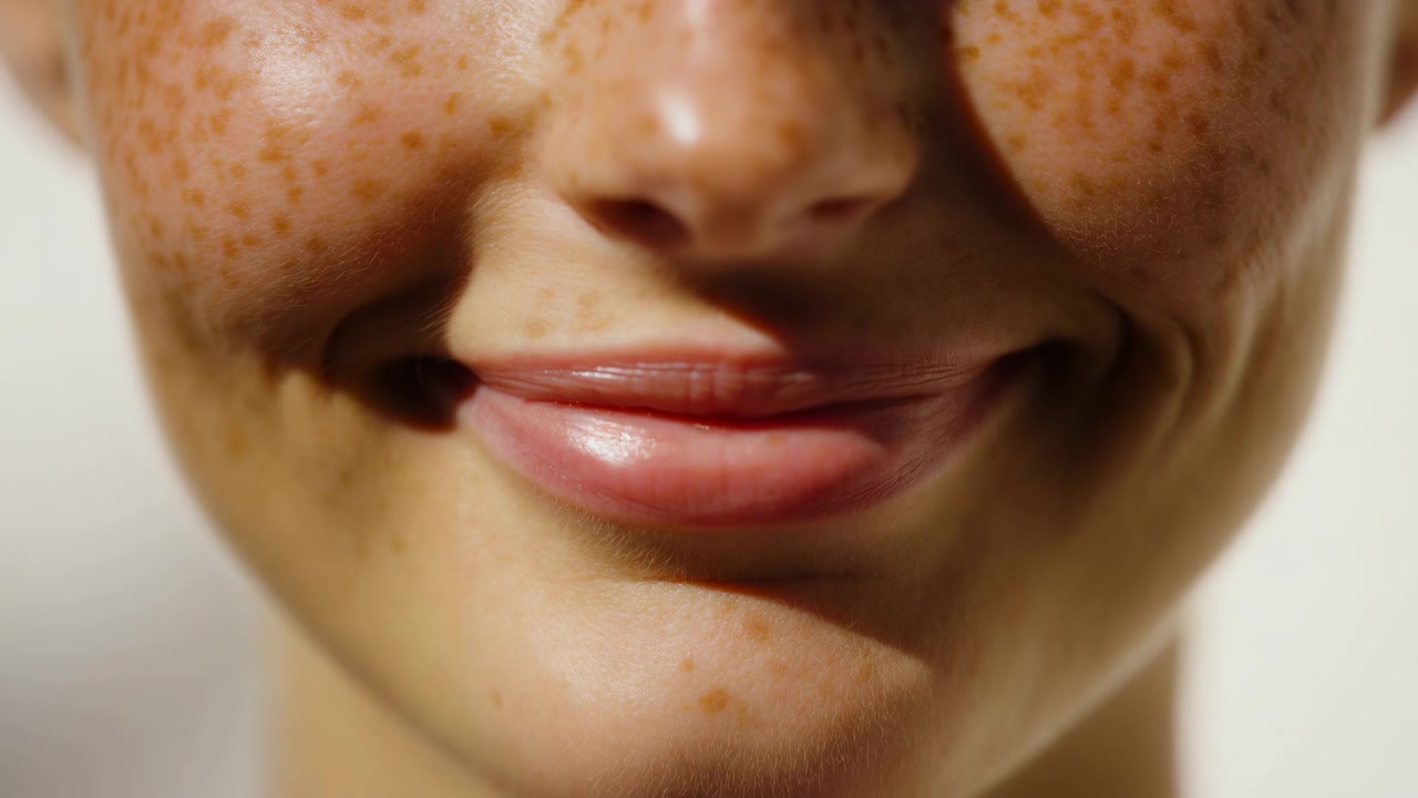 Primo piano frontale della parte inferiore del viso lentigginosa, dal naso al mento, che mostra labbra chiuse a formare un leggero sorriso, fossette delicate, texture naturale della pelle e una sottile luce calda con messa a fuoco ridotta.