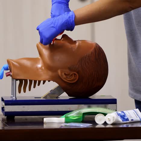 medical training on a mannequin head. specialist demonstrates reanimation procedure on a face dummy. close-up.