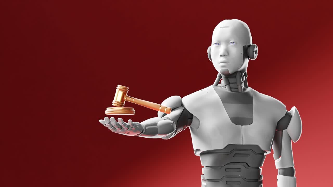 Robot siber humanoid memegang palu keadilan hakim, kecerdasan buatan dalam debat pengadilan, skenario futuristik latar belakang merah.
