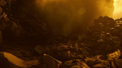 golden waves crashing on rocks