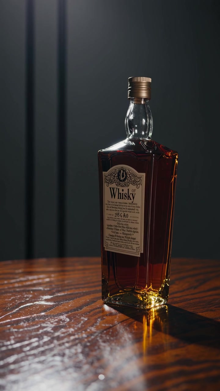 Bottiglia di whisky premium appoggiata su un tavolo di legno.