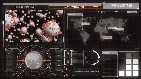 animación de la interfaz gris con células covid, globo, mapa del mundo y procesamiento de datos