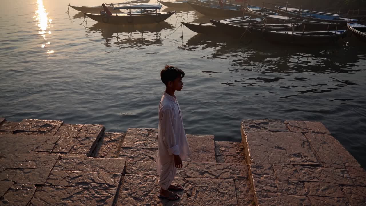Young Indian man wearing traditional clothes is meditating on the ghats of Varanasi on the bank of the Ganges River at sunrise, with boats moored in the background