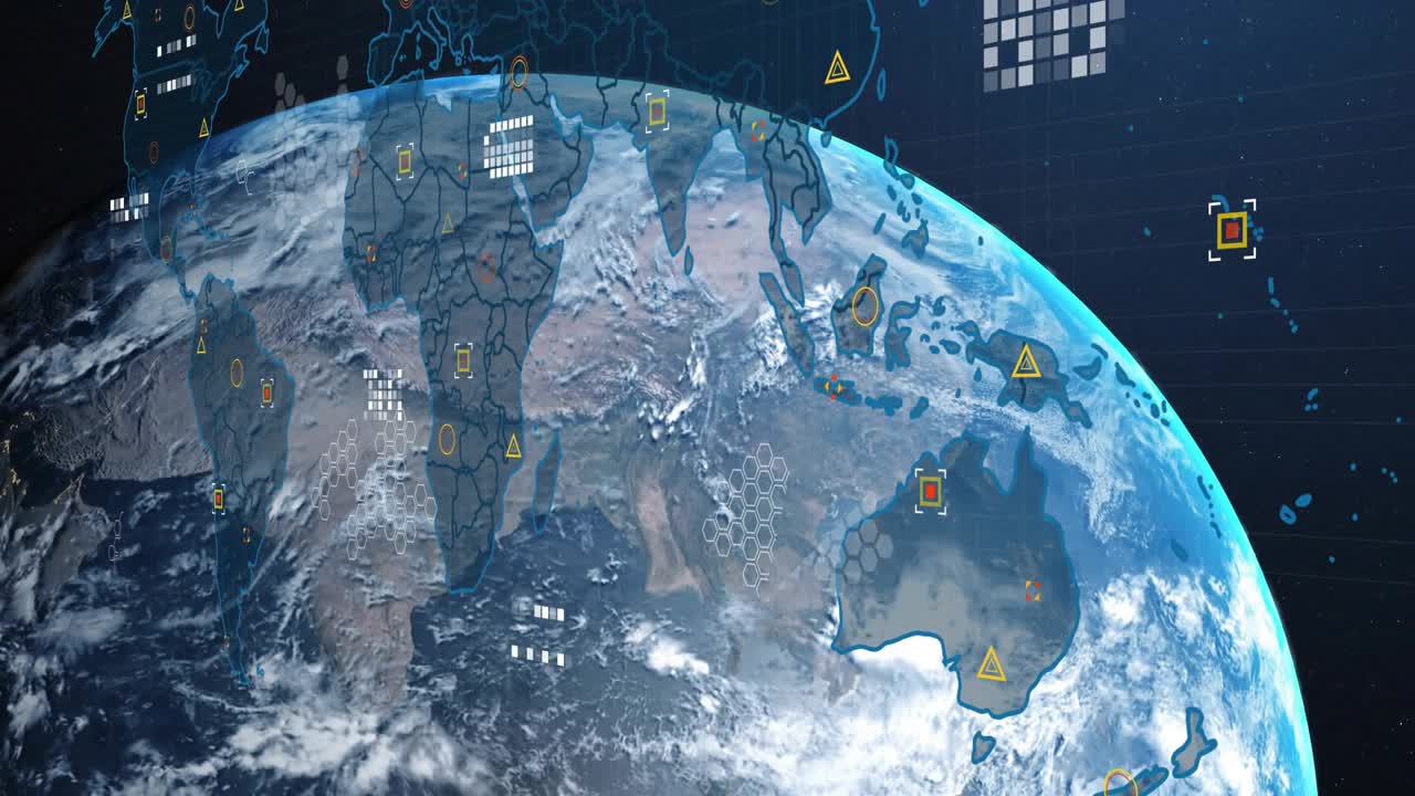 Scan starting, globe rotating while borders overlaying and HUD markers pulsing, tracking Australia