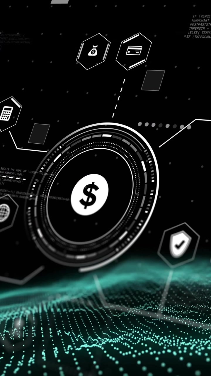 Animation of network of connections with icons and data processing over spots on black background