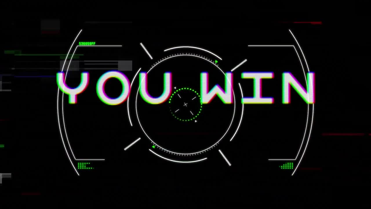 당신이 승리 텍스트의 애니메이션, 회전 안전 잠금, 회로판 및 데이터 처리, 검은색에