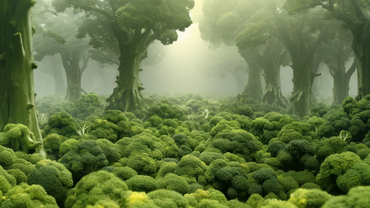 Surreal broccoli forest rising amidst a foggy landscape, enveloping the scene in a magical and otherworldly ambiance, inviting exploration of its whimsical, dreamlike beauty