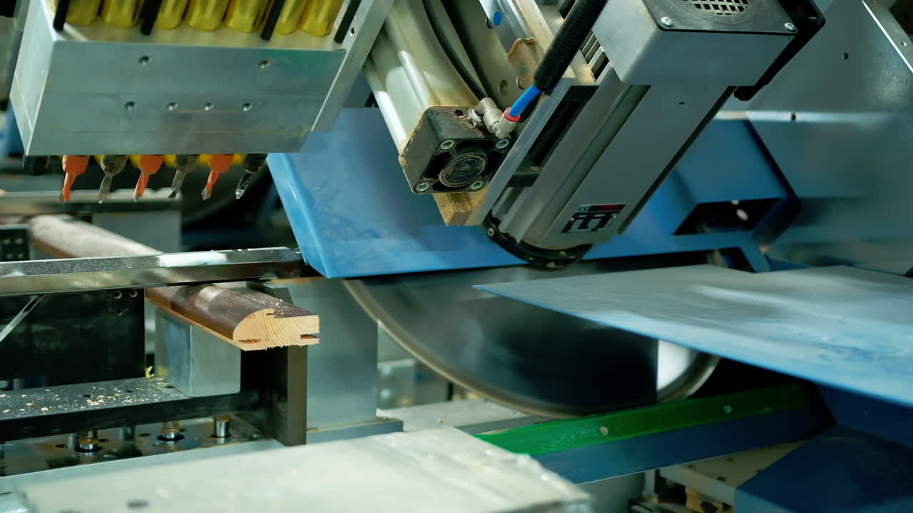 Modern equipment for cutting wood. Automated machine for doors production in workshop. Making furniture indoors. Close-up.