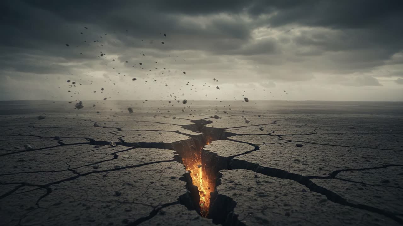 A Fiery Rift in the Earth: A Dramatic Display of Natural Forces as Cracks Emerge, Revealing Glowing Lava Beneath the Surface Amidst Dark Skies