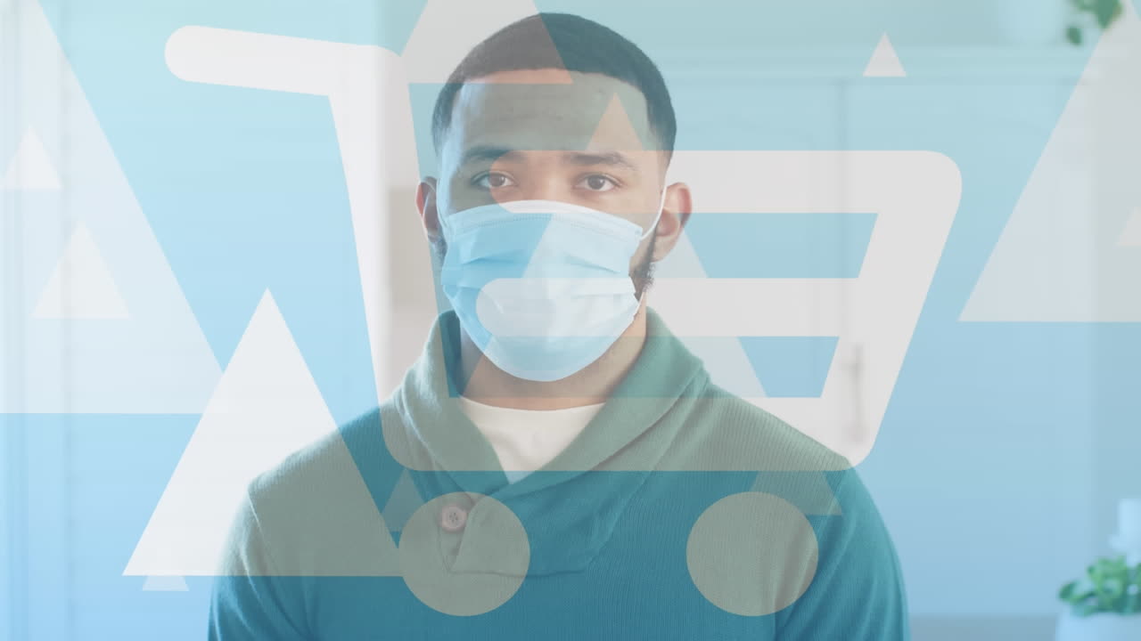 animación del carrito de compras sobre el hombre con máscaras faciales