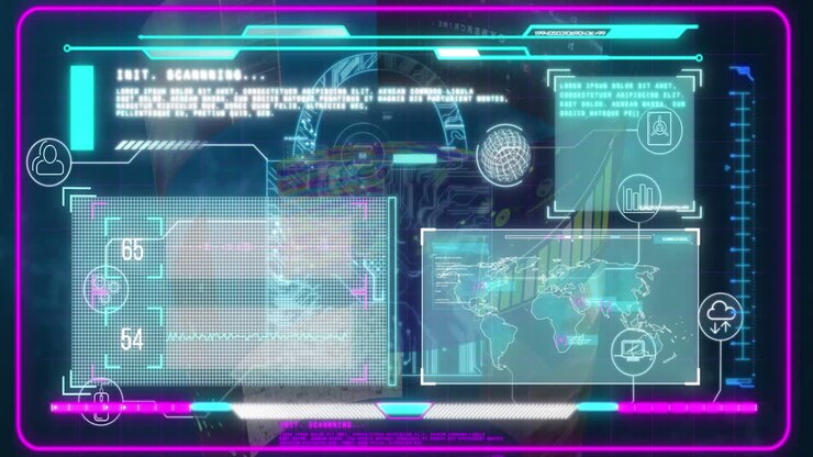 Animation of interface with data processing against purple background