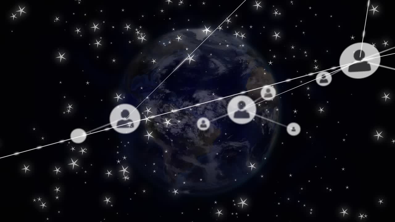 Animation of network of profile icons and shining stars against globe against black background