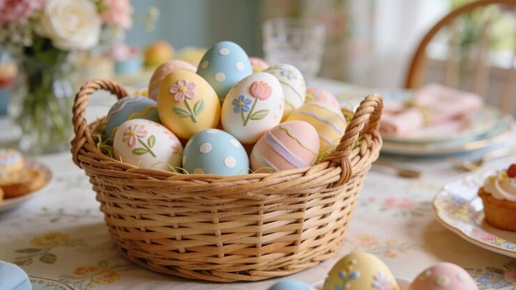 Starting shot, zooming camera moving closer to wicker basket at dining table, revealing Easter eggs