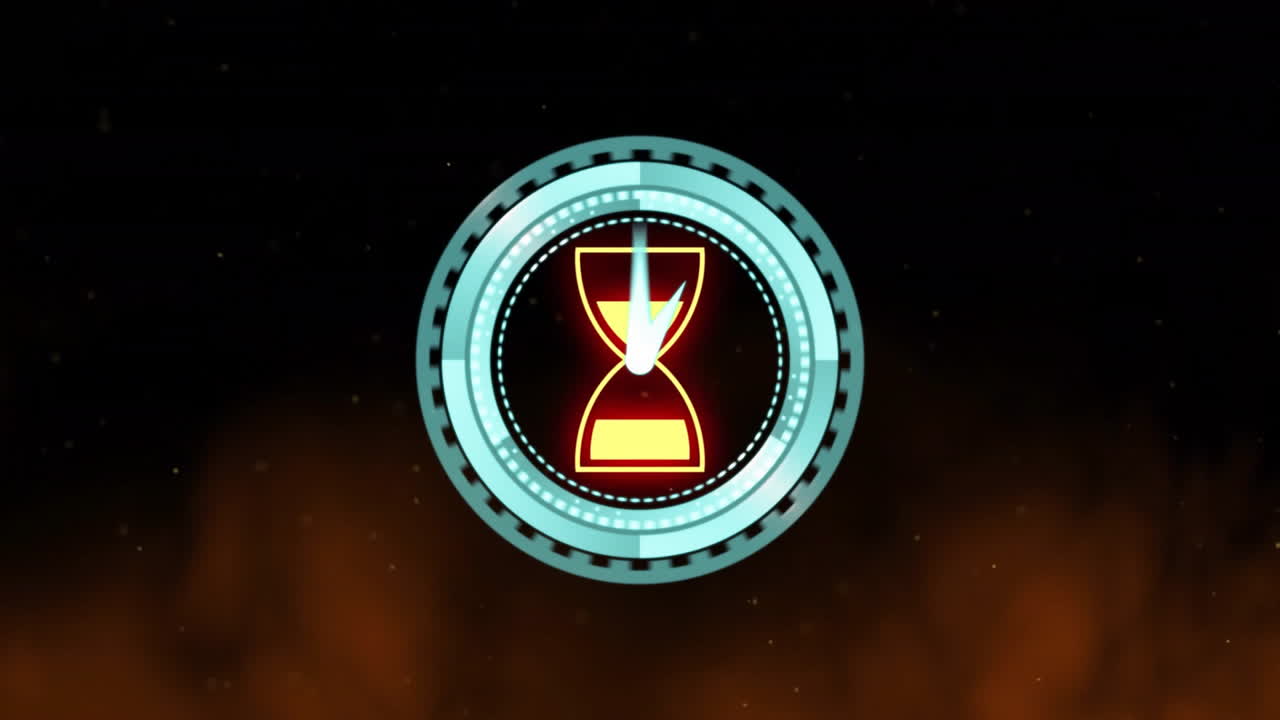 Glowing hands of futuristic clock moving over dark background