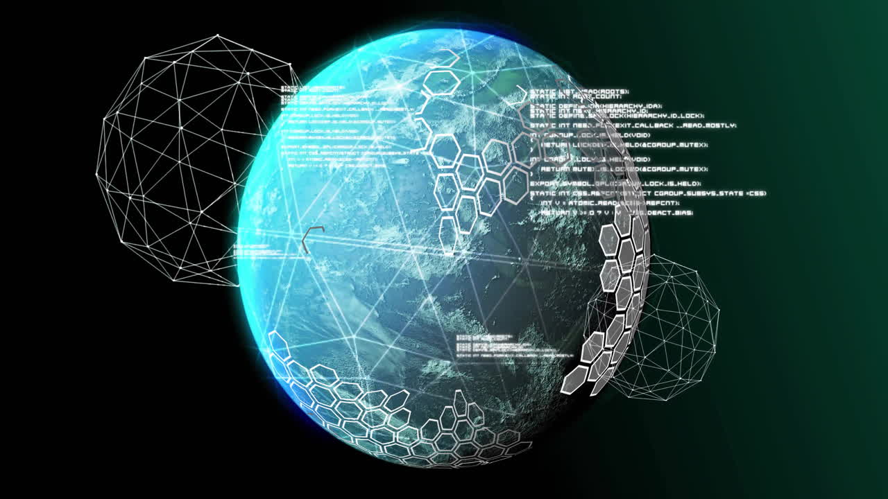 Animation of data processing and network of connections over globe on black background