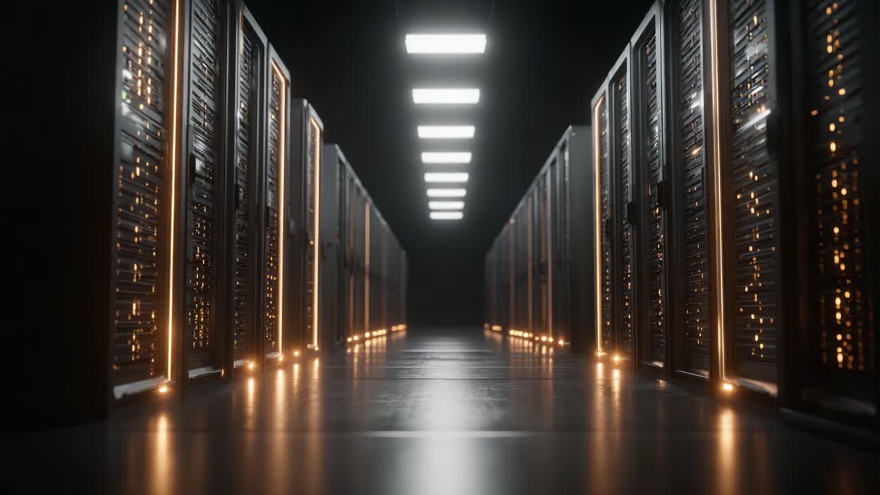 Exploring the Depths of a Modern Data Center: A Glimpse into the Heart of Digital Infrastructure with Rows of Illuminated Servers and High-Tech Equipment
