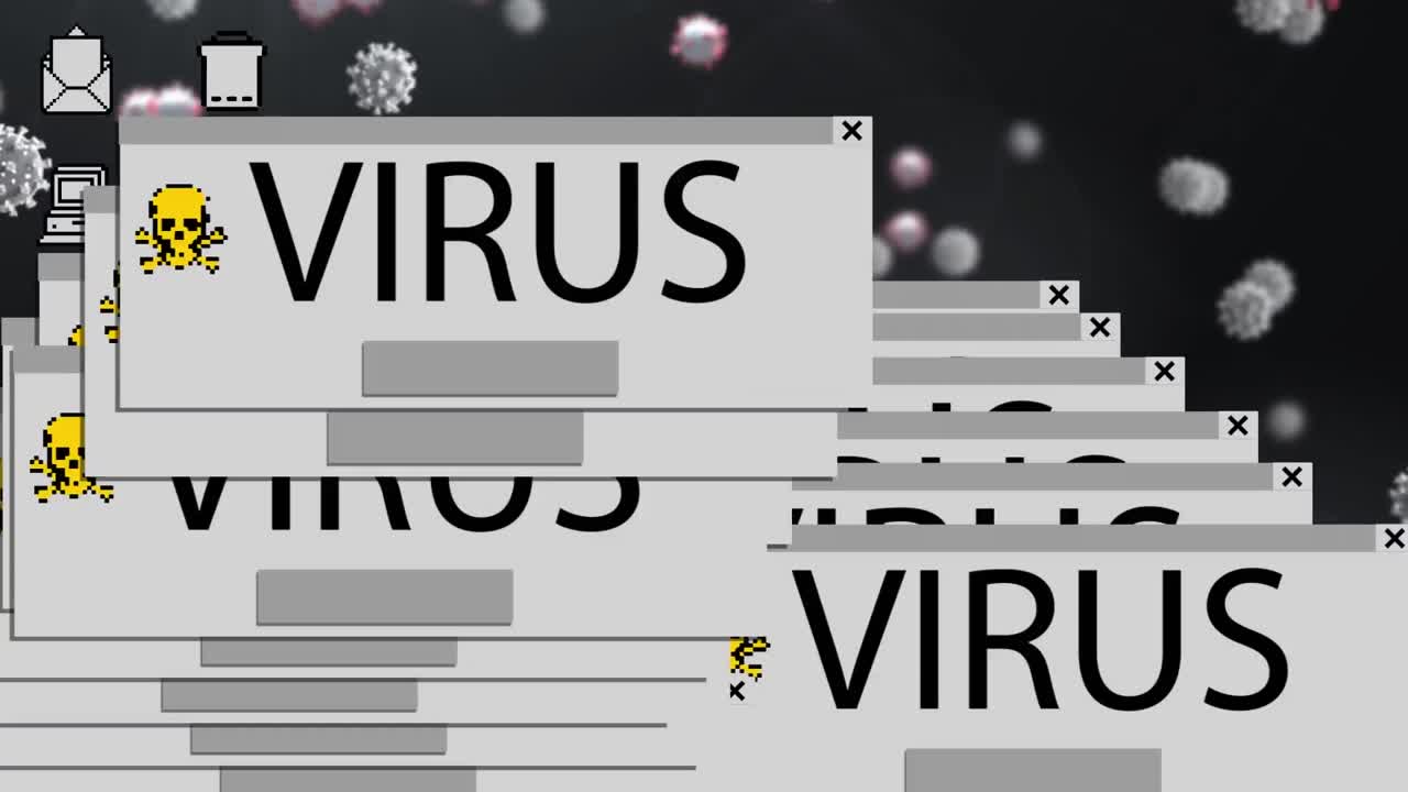 Digital animation of multiple tabs with skull icon and virus text against computer digital interface